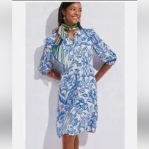 CAbi Blue and White Floral Long Sleeve Dress